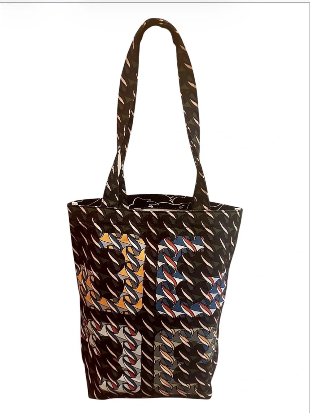 Tory Burch Black Patterned Tote with Multicolor Graphic Accents & Swan Print